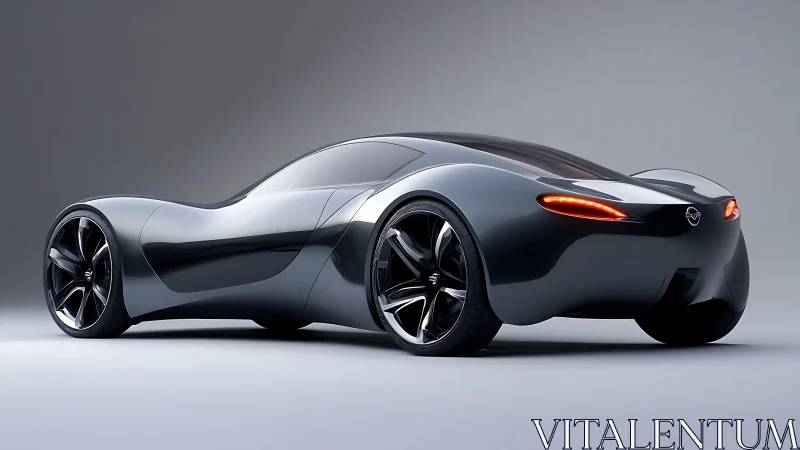 Futuristic black concept coupe is rendered in rear three quarter view