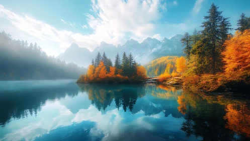 Calm autumn lake cradled by misty mountains and bright pines.