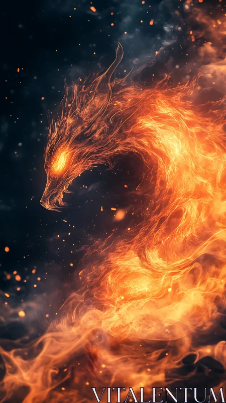 Flaming dragon silhouette forms from swirling fire plume