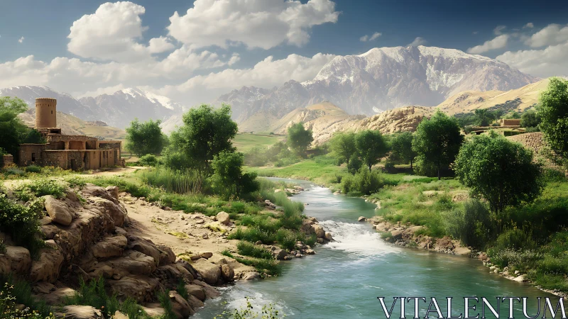 Mountain valley river with stone village and lush greenery.