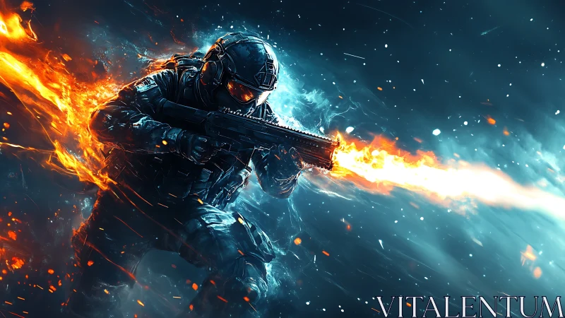 Blazing cyber soldier racing through fire and frozen night.