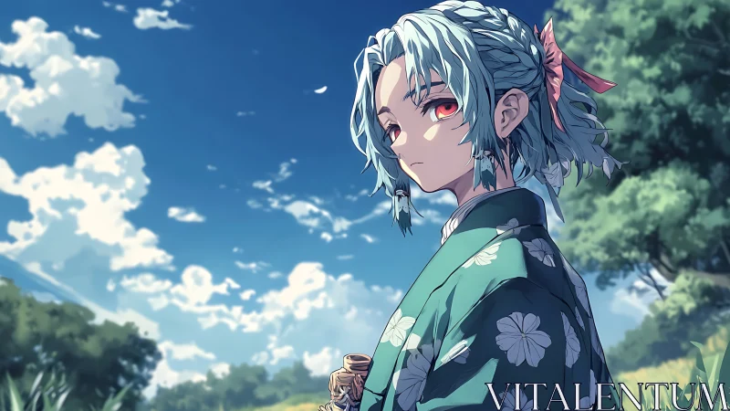 Anime character portrait in floral kimono under open sky.