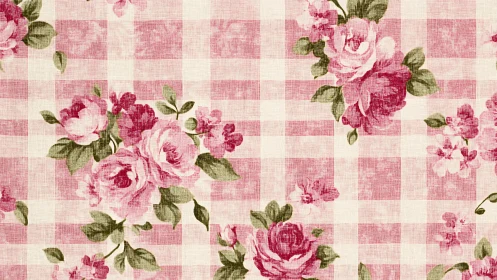 Pink gingham check pattern with overlaid rose florals.