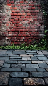 Weathered brick sentinel above glossy cobblestone path.