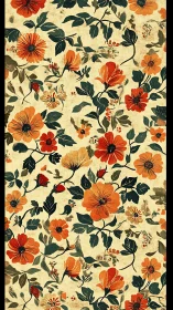 Vintage floral pattern renders orange blooms on aged canvas