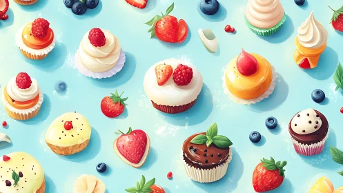 Colorful berry cupcakes form playful dessert pattern