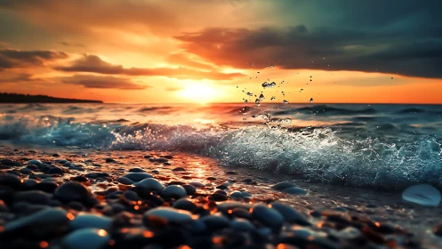 Sunlit surf splashes over pebbled shore at vibrant sunset.