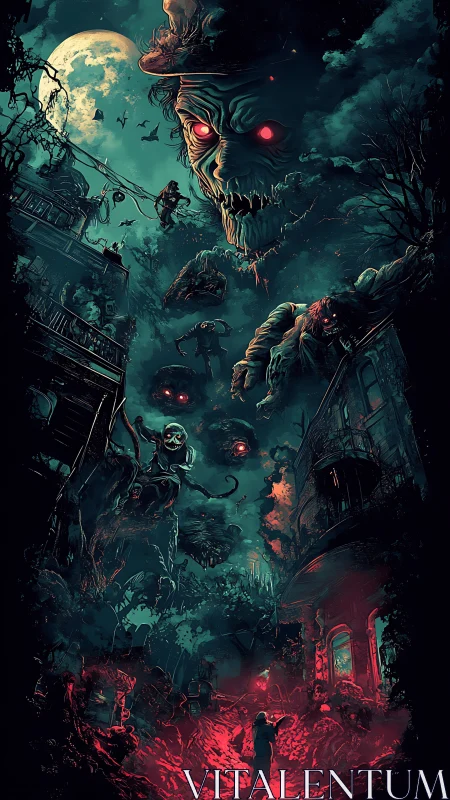 Night wanderer meets glowing-eyed horrors in a haunted street