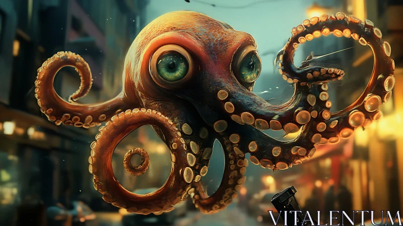 Giant street octopus with glossy eyes in neon dusk scene.