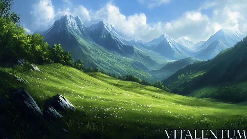 Mountain valley landscape shows sunlit meadow and peaks