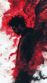 Brooding dark angel walks through swirling crimson storm