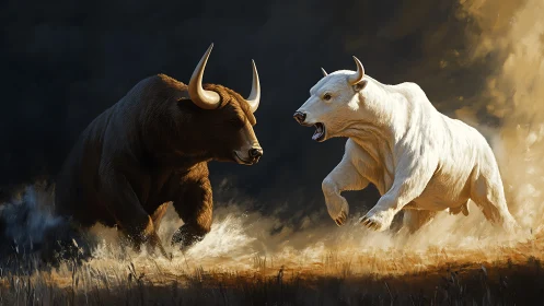 Dynamic digital painting of charging horned bears in conflict