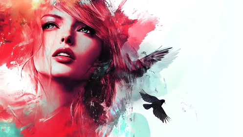 Digital portrait integrates female face with abstract birds