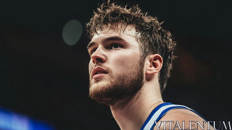 Focused basketball player gazes upward under arena lights