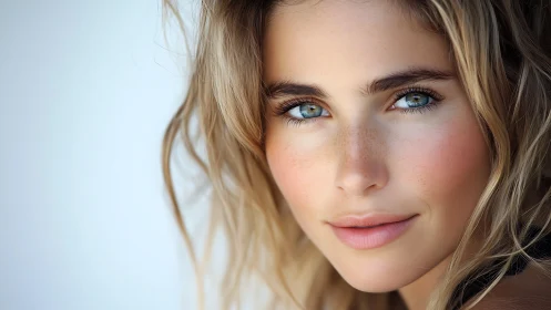 Close portrait highlights blue eyes and golden freckles.