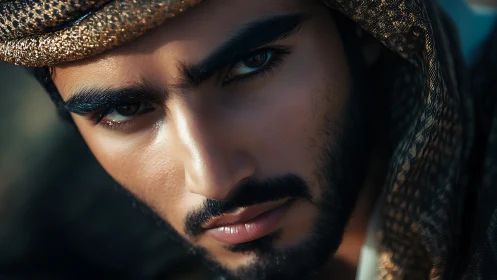Close-up portrait of man in patterned headscarf, serious gaze.