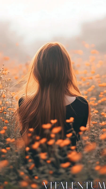 Woman with long hair stands in soft-focus orange wildflower field