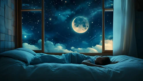 Child dreams beneath luminous moonlit starfield window.