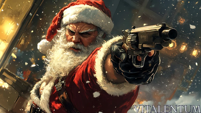 Gritty armed Santa in cinematic snowy night standoff.