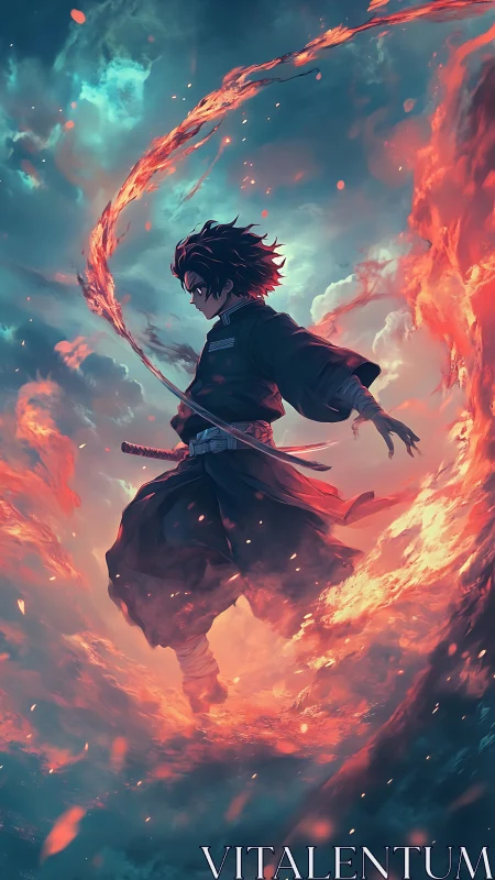 Sword fighter controls swirling fire in stormy sky scene.