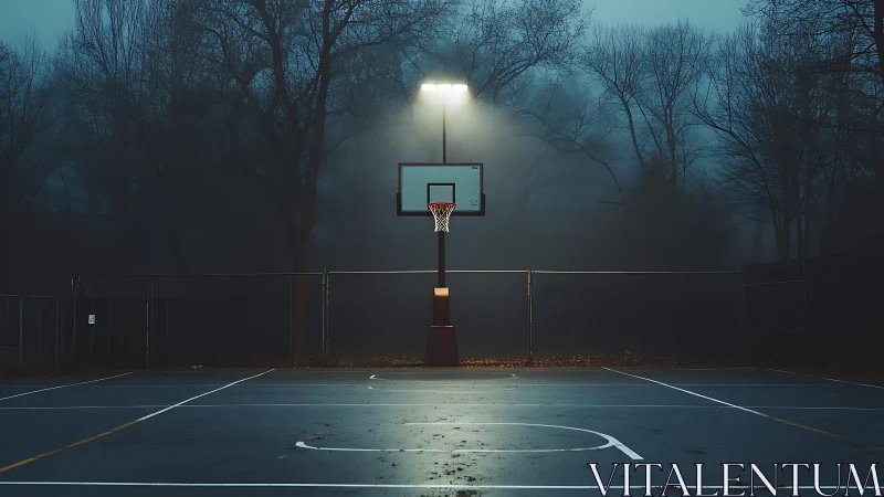 Fog-drenched court glow where a lonely hoop waits.