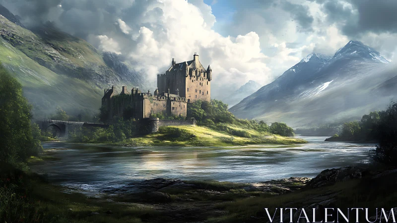 Mountain castle dominates misty valley river landscape.