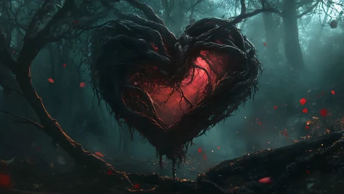 Luminescent Organic Heart Form in Dark Forest Environment.