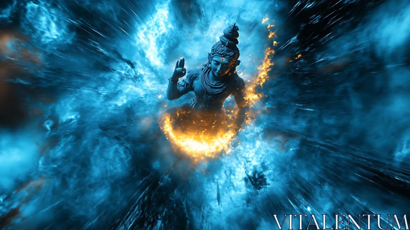 Deity statue amid blue energy field and orange flames.