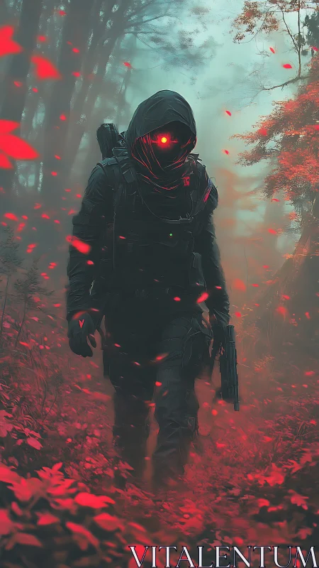 Red-eyed cyber operative advances through neon forest haze