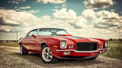 Vintage red muscle car on rural road under dramatic sky.