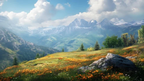 Photoreal alpine meadow vista with receding mountain range.