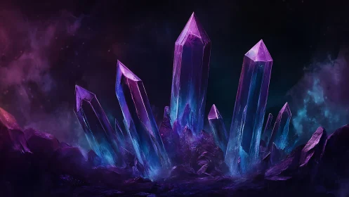 Cluster of glowing purple crystals rises from dark ground