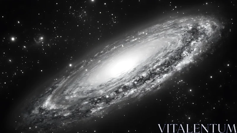 Spiral galaxy core glowing in monochrome deep space.