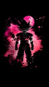 Saiyan warrior silhouette in vivid pink cosmic aura.