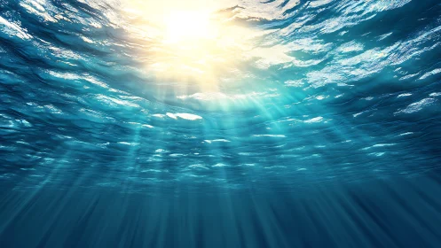 Sunlight pours through tranquil blue ocean waves above