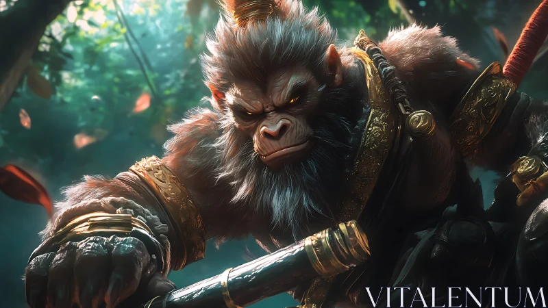 Warrior monkey king poised for adventure in lush forest.