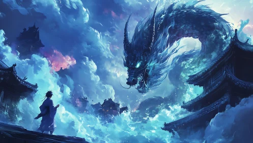 Celestial storm dragon confronting cloaked figure above pagodas.