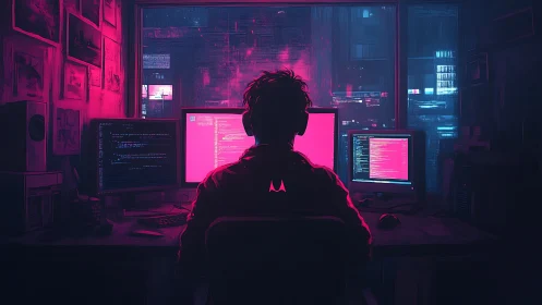 Neon code storms glow around a lone midnight programmer