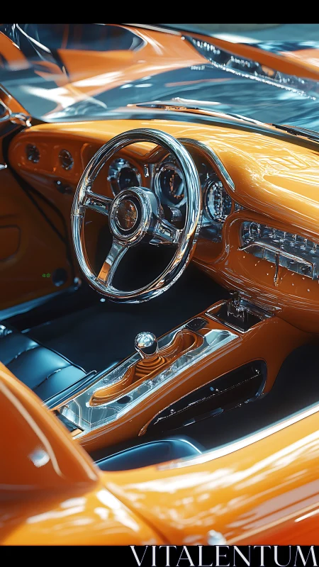Lustrous orange sports car cockpit glows with chrome detail