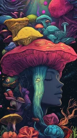 Psychedelic mycelium portrait merges human profile with luminous fungi