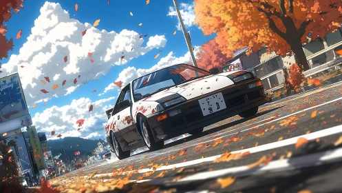 Autumn drift legend idles under swirling maple confetti.