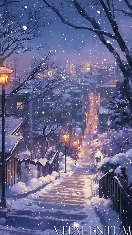 Gentle snow drifts down a quiet city hillside staircase
