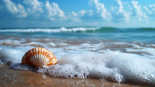 Sunlit seashell rests in foamy surf on a tranquil shore