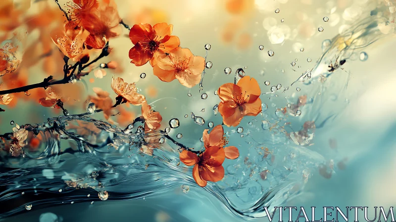 Orange flowers splash through cascading water with suspended droplets.