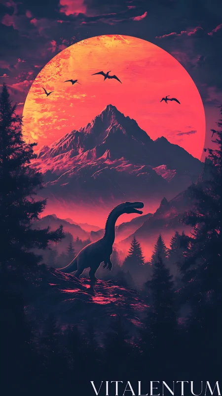 Surreal neon dinosaur landscape under colossal crimson moon.