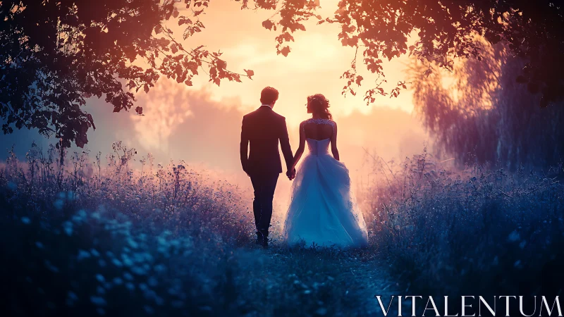Newlywed couple walks into glowing forest sunset together