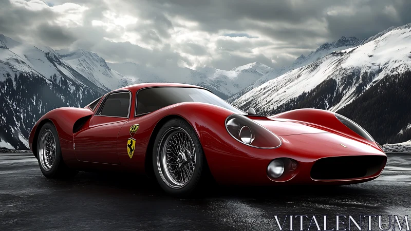 Red vintage race car stands on wet mountain pass road