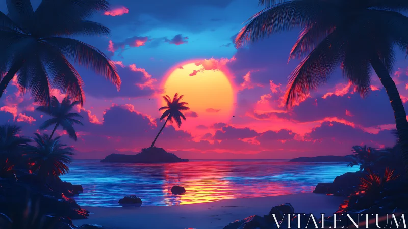 Neon sunset bathes a tranquil tropical island in vivid glow
