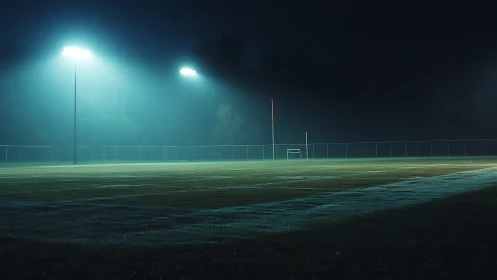 Empty football field under bright stadium lights at night.