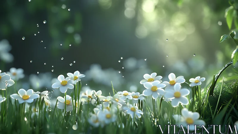 White daisies with dewdrops in soft morning light